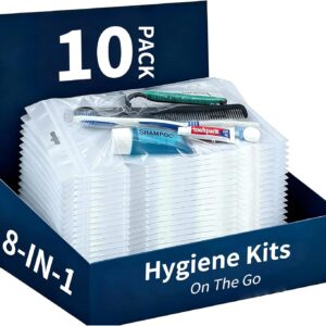 8 in 1 Travel Hygiene Bags,10 Pack Toothbrush, Toothpaste, Comb, Floss, Shampoo, Soap, Razor and Shaving Cream, Individually Wrapped for Travel, Bedrooms