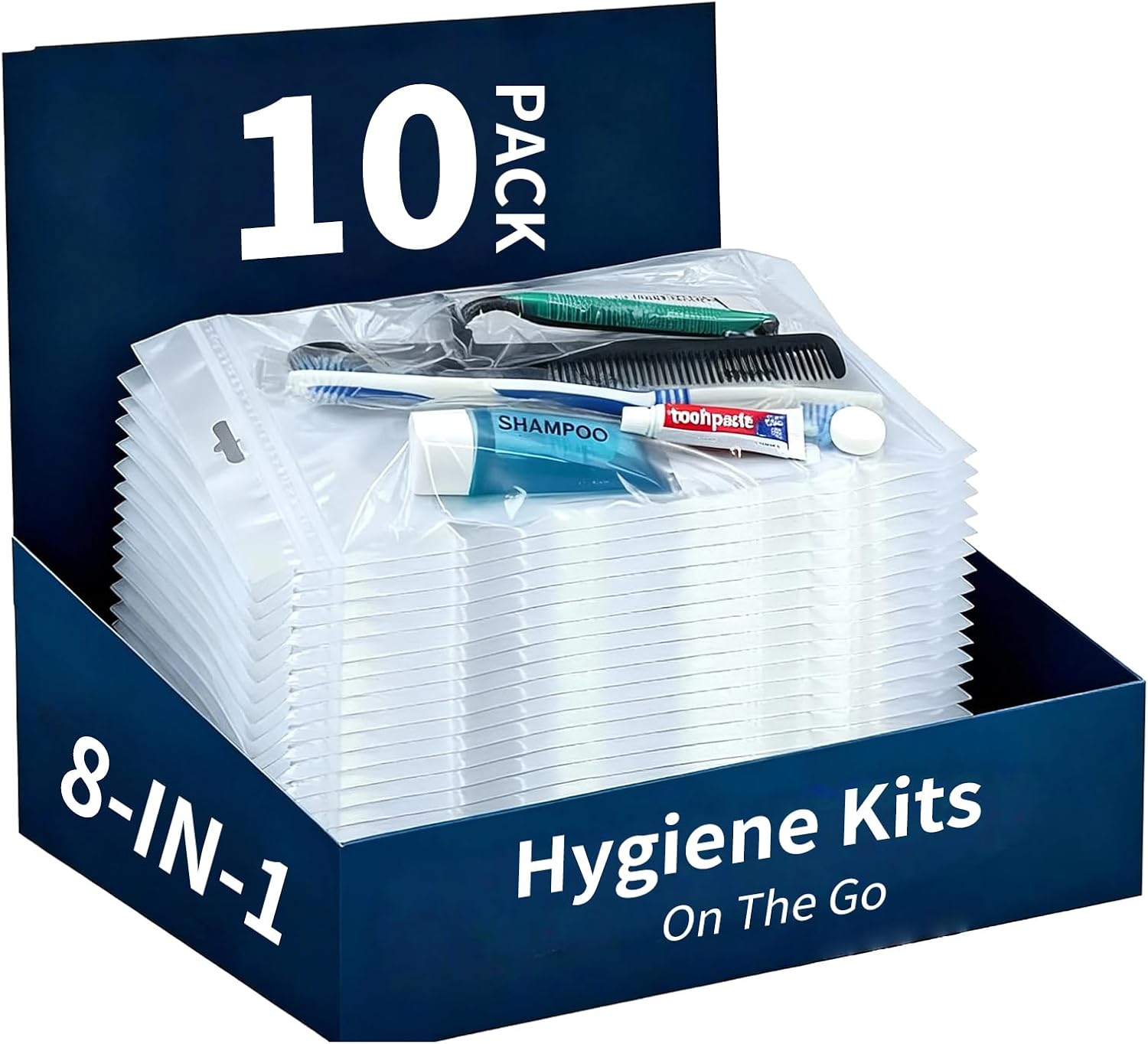 8 in 1 Travel Hygiene Bags,10 Pack Toothbrush, Toothpaste, Comb, Floss, Shampoo, Soap, Razor and Shaving Cream, Individually Wrapped for Travel, Bedrooms