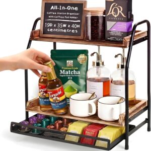 Coffee Station Organizer with Coffee Pod Holder| Tea Station with Tea Bag Organiser| 2-Tier Coffee Bar Shelves with Nespresso Pod Storage| Hot Chocolate Pods Station for Home, Office