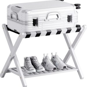 Luggage Rack, Foldable Bamboo Suitcase Stand with Storage Shelf for Guest Room, Bedroom, Hotel, Heavy-Duty (White)