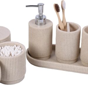 6-Piece Bathroom Organiser Set | Soap Dispenser + Toothbrush Holder with Tray | Cotton Bud Storage Jars | Premium Polyresin