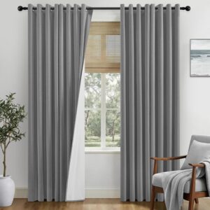 Grey Curtains for Living Room 100% Blackout Curtains 84 Inch Drop Faux Linen Thermal Room Darkening Soundproof Eyelet Bedroom Curtains with Coating Back Layer, One Pair, Grey, 52"W x 84"L