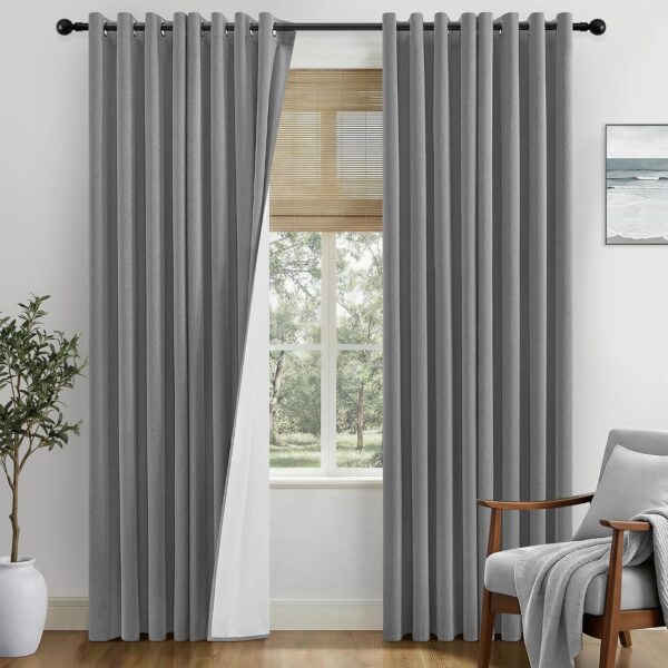 Grey Curtains for Living Room 100% Blackout Curtains 84 Inch Drop Faux Linen Thermal Room Darkening Soundproof Eyelet Bedroom Curtains with Coating Back Layer, One Pair, Grey, 52"W x 84"L